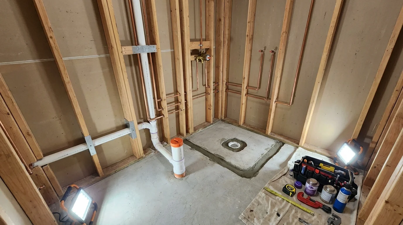 Bathroom rough-in plumbing during remodel by Johns Plumbing LLC in Lucasville