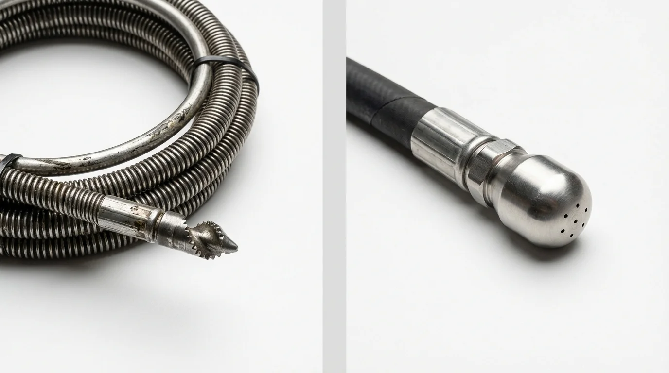Drain snake cable and hydro jetting nozzle used for drain cleaning in Lucasville, OH