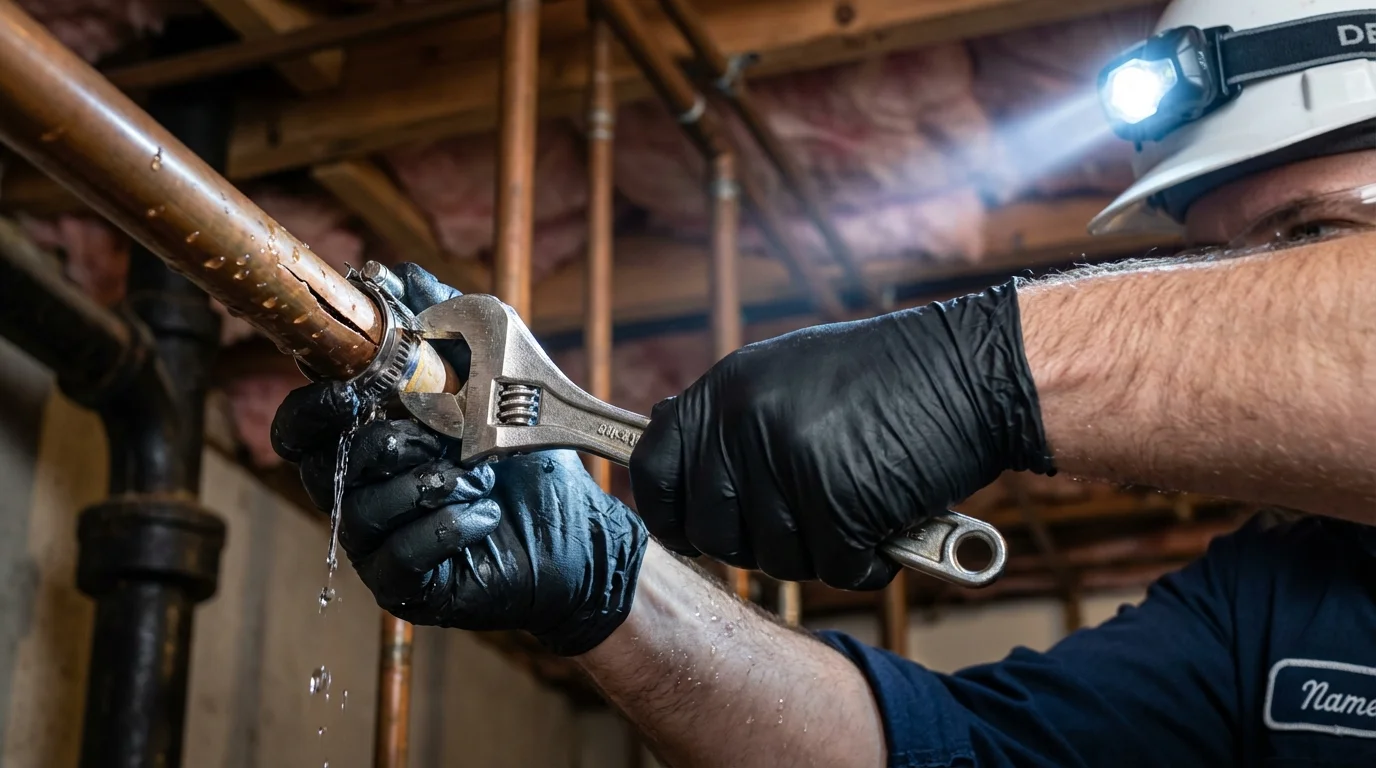 Emergency pipe clamp repair being performed by a Johns Plumbing LLC plumber in Lucasville