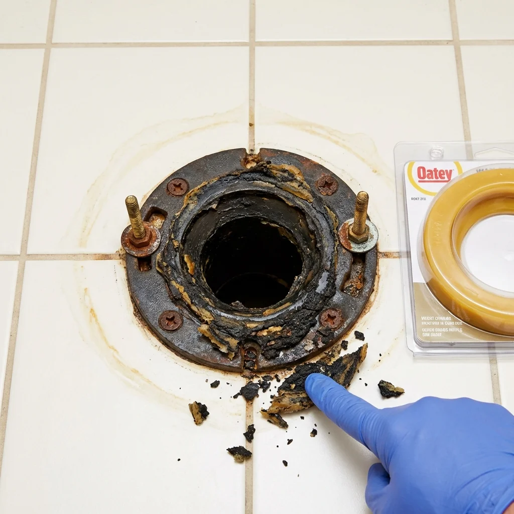 Failed wax ring showing water seepage at the base of a toilet in a Lucasville, OH home
